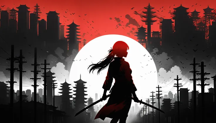 (in style of Ashley Wood:1.3),(in style of Takeshi Obata:0.9),
black and white urban skyline background,protruding utility poles,minimalist silhouette,red silhouette,black and white background,wide_shot,silhouette of a teenage girl on a telephone pole,(inc...