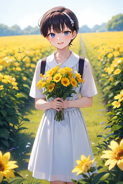 happy shinji ikari is standing in a beautiful field of flowers, with colorful flowers everywhere, perfect lighting, using a leic...