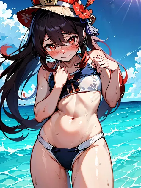 NSFW,hutao(genshin),(Swimwear:1.8),(Perfect hands),(Perfect Anatomy),(masterpiece),(highest quality),(Embarrassed:1.5),blush,Feeling embarrassed,Lift your butt,Leg spread,Sandy Beach,Palm tree,Rock Shade