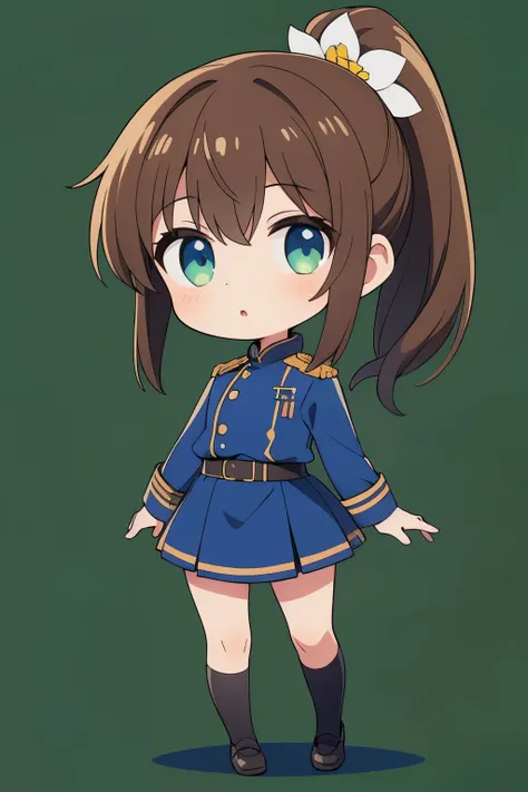 1girl, blue finnish military uniform , black tights , blue belt , brown hair, ponytail hair flower hair ornament, chibi, full body, green background, open mouth