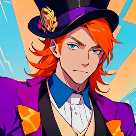 Young adult man, very tall, very thin, orange hair, light blue eyes, wears colorful suit, colorful top hat, blank expression, looking at the viewer