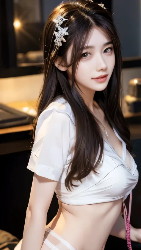 best quality, masterpiece, ultra-high resolution, lifelike, (panoramic:1.5), (1 girl),(long hair),(hair accessories:1.4),女孩的身边有一...