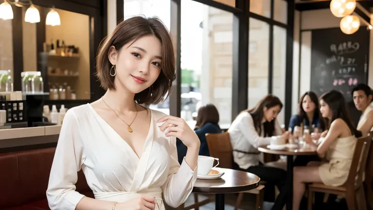 super high quality, Short Hair, Slender, Gravure photoshoot, The staff is working at the counter in the back., (8k、RAW Photos、highest quality、masterpiece:1.2), Japanese Idol, Stylish café, The cafe is crowded with people enjoying themselves., (Realistic、Ph...