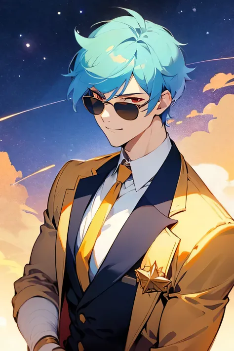 sky blue hair color、There are some blue meshes in the hair、male、Anime Style、Upper Body、Round sunglasses、Wearing staggered sunglasses、Handsome、Short Hair、Starry sky background、Red eyes、Cyber-inspired outfit、Cool Smile、Wearing a tie、Gold decoration、Wearing e...