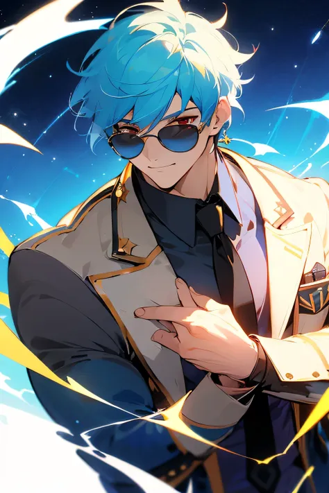 sky blue hair color、there are some blue meshes in the hair、male、anime style、upper body、round sunglasses、wearing staggered sungla...