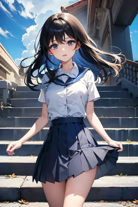 navy blue skirt、pleated skirt、lined、 4k digital art the wind is blowing my skirt away。running up the stairs。anime uniform girl。t...