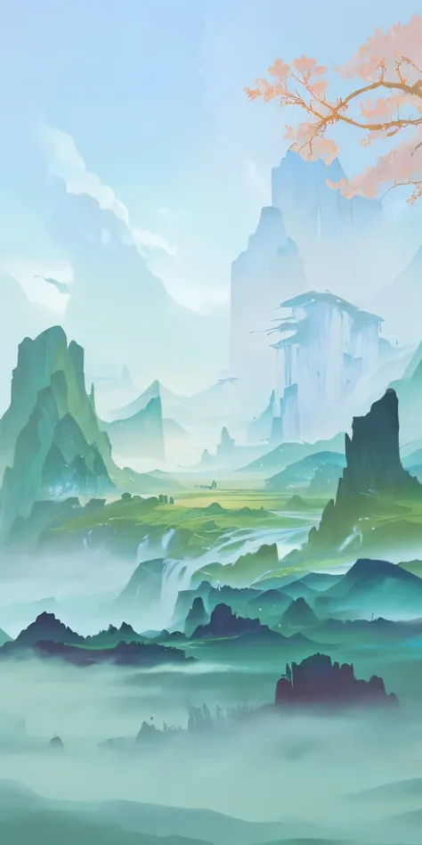 There is a landscape painting,There are rivers and mountains, concept art. Epic Landscapes, Anime Landscape, an Epic Landscapes, Ethereal Landscape, Detailed scenery —width 672, high Fantasy Landscape, Fantasy Landscape painting, background technology, epi...