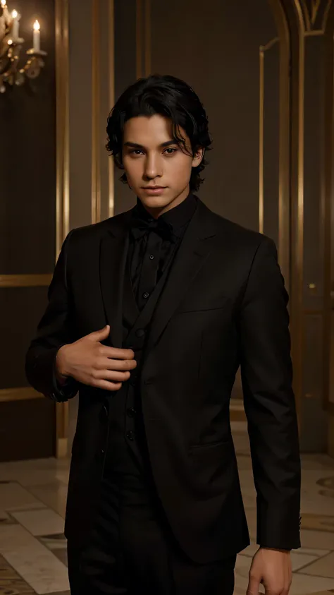 Imagine a young prince aged 20 years, fair skin, brown eyes, and slightly wavy black hair. Dark brown eyes. Wearing a black suit, he looked cold and calculating.