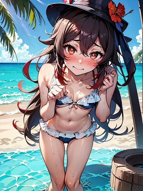 NSFW,hutao(genshin),(Swimwear:1.8),(Perfect hands),(Perfect Anatomy),(masterpiece),(highest quality),(Embarrassed:1.5),blush,Feeling embarrassed,Lift your butt,Leg spread,Sandy Beach,Palm tree,Rock Shade,One man,Man standing behind