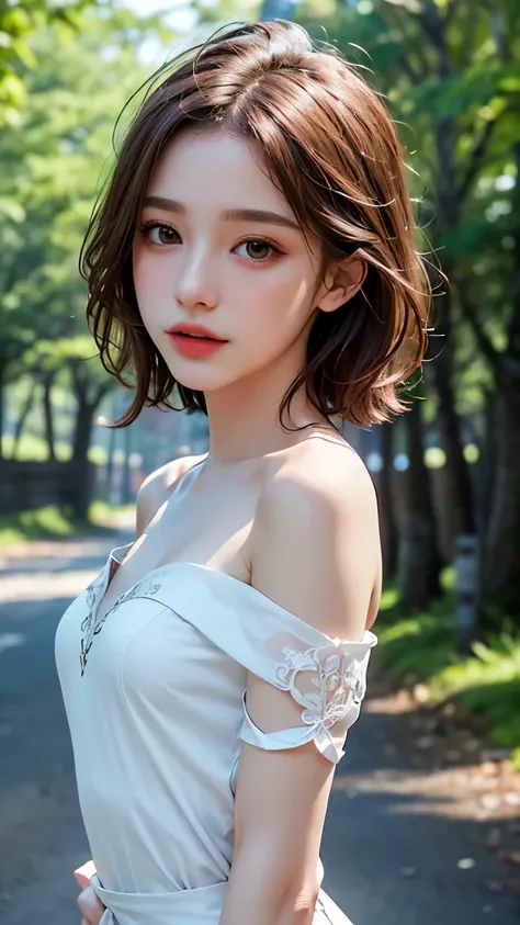 Wearing a detailed and high-definition wedding dress, highest quality, masterpiece, Ultra-high resolution, (Realistic:1.4), RAW Photos, One Girl, Off the shoulder, Forest wedding venue, Deep Shadow, Moderate, short hair, roadside, 20-year-old,Cute Face, Sm...