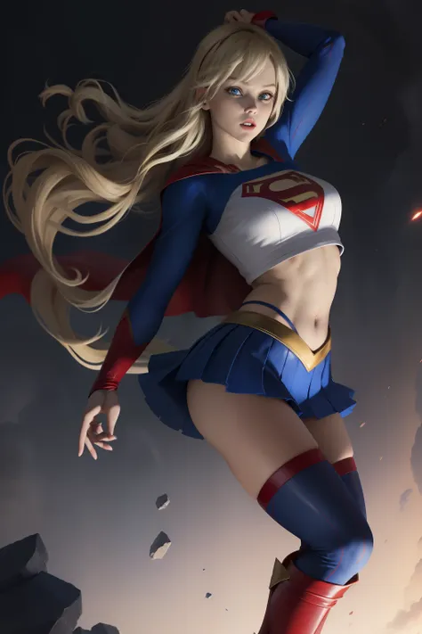 sexy supergirl、long blonde hair and blue eyes, black hair band, white crop top, short sleeve, red cape, blue pencil skirt, red b...