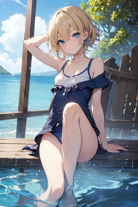 NSFW,high resolution、highest quality、All limbs、Refers to the whole、Slender Beauty、1 person、blue sky、Outdoor、Medium Short Hair、((Messy Hair))、blonde、blue eyes、blue eyes、School Swimsuit、Blue knee-high、