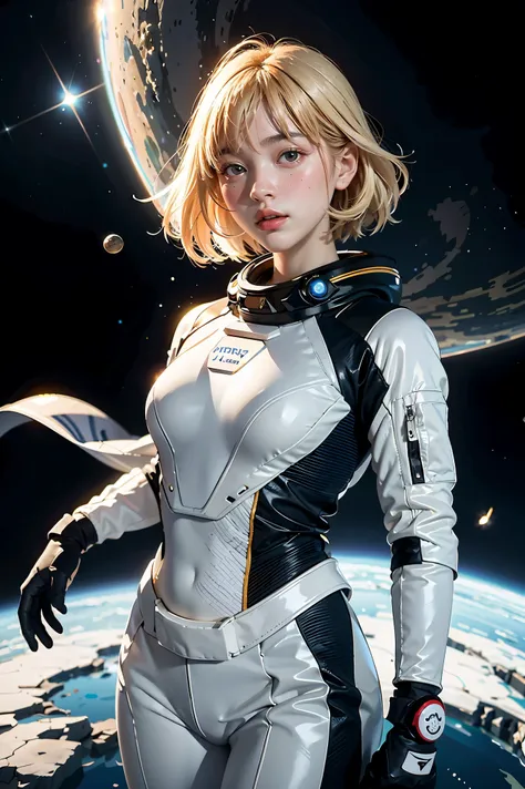 (best quality, masterpiece), 1girl, pose, particle, wind, flower, upper body, simple background, looking at viewer, blonde, galaxy, space suit, 