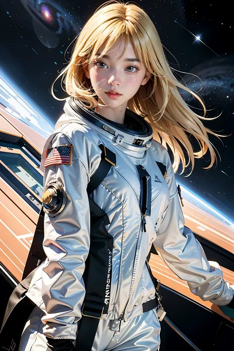 (best quality, masterpiece), 1girl, pose, particle, wind, flower, upper body, simple background, looking at viewer, blonde, galaxy, space suit, 