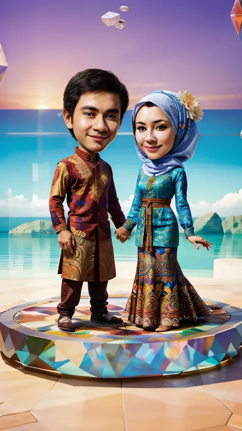 Caricature of a young man wearing typical solo batik and an Indonesian woman wearing a hijab with beautiful couple batik, standing on a circle of crystal glass, with the words "Fauzanaisyah".