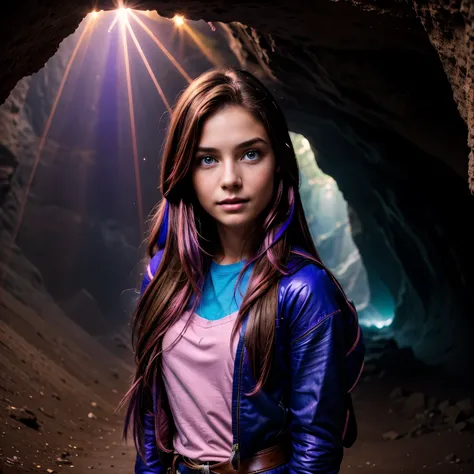 gritty raw photo of {beautiful young woman, 20 years old, long brown hair with colorful (violet, pink and blue) streaks, bright gray eyes}, [[exploring a mystical cave, wearing a sturdy jacket and cargo pants, holding a flashlight]], [[fascinating rock for...