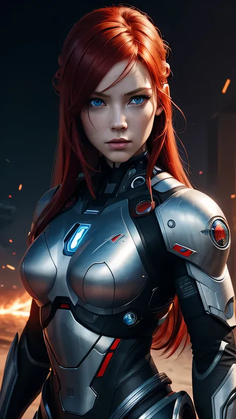 cyborg girl, blue eyes, battle field, close look, red hair, masterpiece, realistic digital, abstract background, global illumination, intricate, epic, dramatic, masterpiece, high detail, best quality, ultra high res
