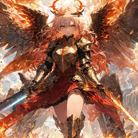 score_9, score_8_up, score_7_up, source_anime,masterpiece, best quality, high resolution, extremely detailed CG, absurdres, 1girl, A majestic angel girl stands by her six fiery wings spread wide behind her. She wears intricately detailed armor that glisten...