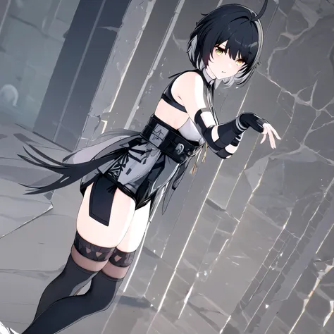 thighhighs, gloves, bare shoulders, shorts, sleeveless, black thighhighs, fingerless gloves,ahoge,thighhighs,
