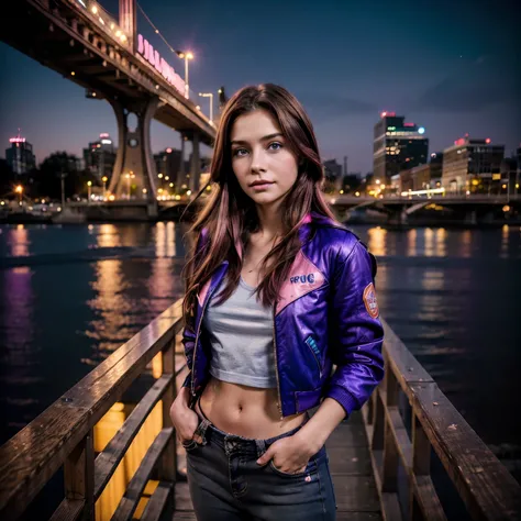 gritty raw photo of {beautiful young woman, 20 years old, long brown hair with colorful (violet, pink and blue) streaks, bright gray eyes}, [[dressed in a chic bomber jacket, high-waisted jeans, and sneakers]], [[standing on a bridge overlooking a bustling...