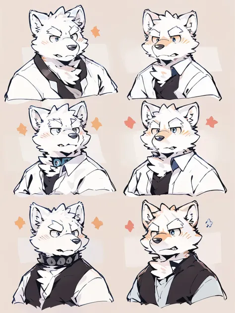 snow wolf, ((all white fur:1.5)), solo, perfect sky blue eyes, spike collar, (artist:takemoto arashi), mature face, elder, naugh...