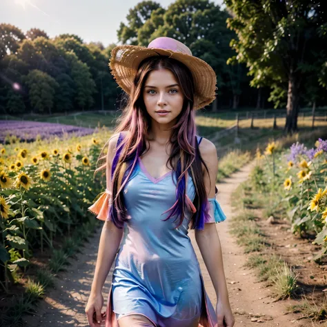 gritty raw photo of {beautiful young woman, 20 years old, long brown hair with colorful (violet, pink and blue) streaks, bright gray eyes}, [[wearing a bohemian-style dress, wide-brimmed hat, and ankle boots]], [[walking through a sunflower field with a ca...