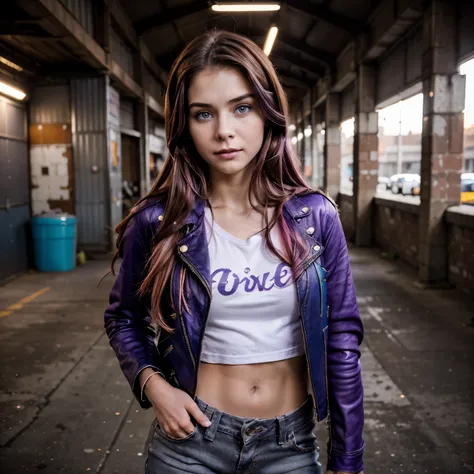 gritty raw photo of {beautiful young woman, 20 years old, long brown hair with colorful (violet, pink and blue) streaks, bright gray eyes}, [[dressed in a fitted leather jacket, white tee, and ripped jeans]], [[leaning against a vintage motorcycle in an in...