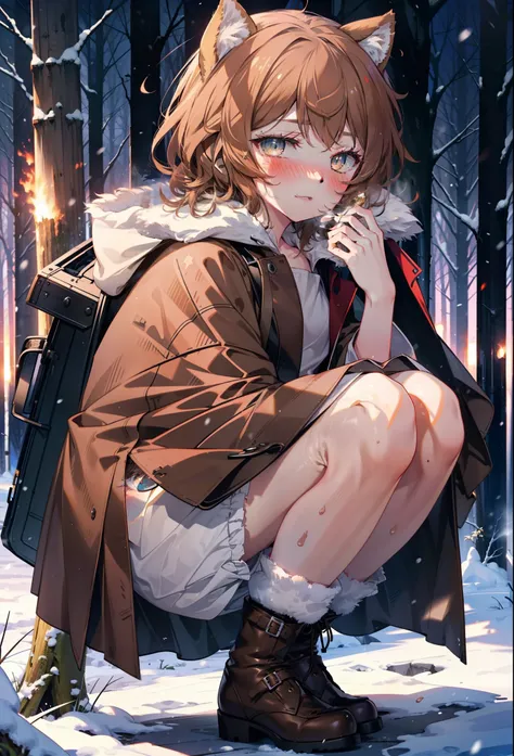 liliru card, liliruca gets burned, animal ears, (brown eyes:1.7), brown hair, (flat chest:1.2), short hair,smile,blush,white bre...