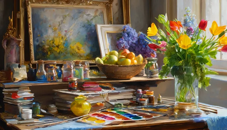 (Still life with art materials, illustration with paints and brushes, palette with paint, antique columns, flowers, art school, splashes of paint, best quality, 4k, 8k, highres, masterpiece:1.2, ultra-detailed, realistic, photorealistic, photo-realistic:1....