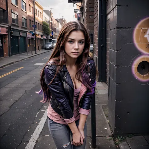 gritty raw photo of {beautiful young busty woman, 20 years old, long brown hair with colorful (violet, pink and blue) streaks, b...