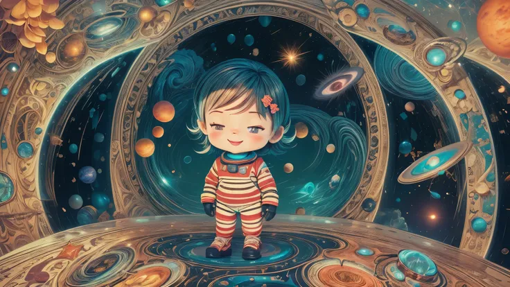 Cartoon illustration of a boy and a girl in space with cat, official fan art, in space, kitten in outer space, in outer space, in deep space, in galaxies, deep space exploration!!!, space travel, wearing in stars and planets, outer space, outer space, star...