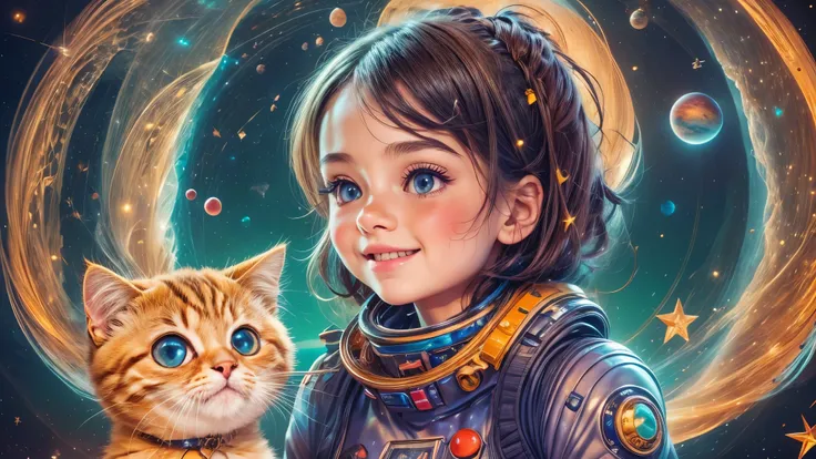 Cartoon illustration of a boy and a girl in space with cat, official fan art, in space, kitten in outer space, in outer space, in deep space, in galaxies, deep space exploration!!!, space travel, wearing in stars and planets, outer space, outer space, star...