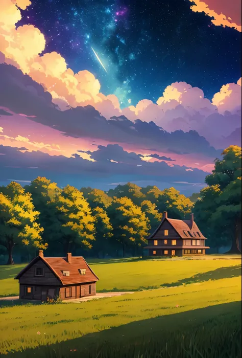 a painting of a house in the middle of a field under a night sky, anime background, anime background art, beautiful anime scene, makoto shinkai cyril rolando, amazing wallpaper, anime art wallpaper 4k, anime art wallpaper 4 k, anime art wallpaper 8 k, anim...