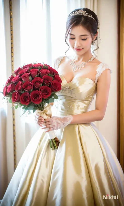 Arabian woman in wedding dress holding bouquet of roses, Lovely lady, With flowers, sakimi chan, Yoshitomo Nara, Photo taken with Nikon D750, Photo taken with Nikon D750, Cute and elegant pose, Shot with Canon EOS 5D Mark IV, Beautiful Asian Girl, deayami ...