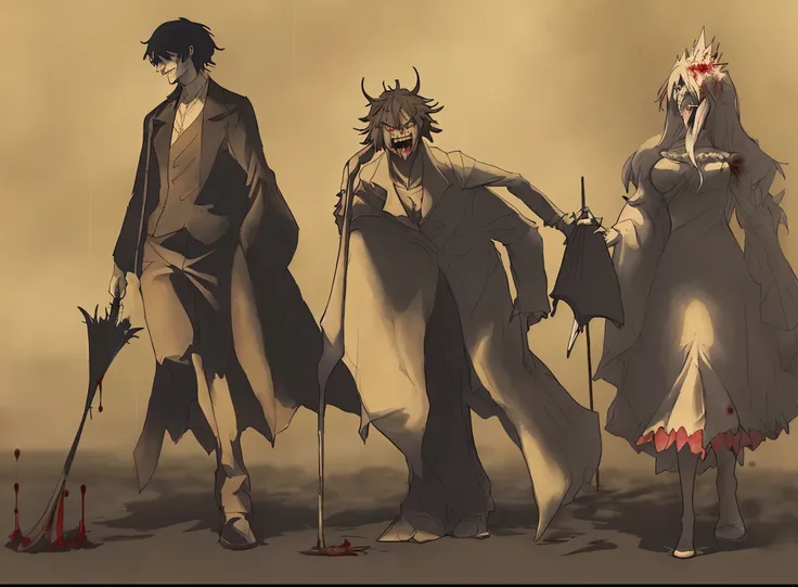 the left character walks with wide strides, holding an umbrella with a shiny spike at the end, dripping blood. the character in the middle has a little yellowish, but neat teeth with slightly pronounced fangs. the character on the right has straight white ...