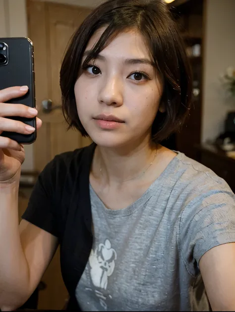 Japanese girl with short bob cut hair taking a homemade selfie low angle shot