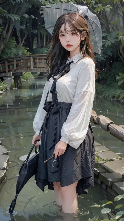 A woman holds an umbrella under a small bridge and flowing water, and the drizzle continues 