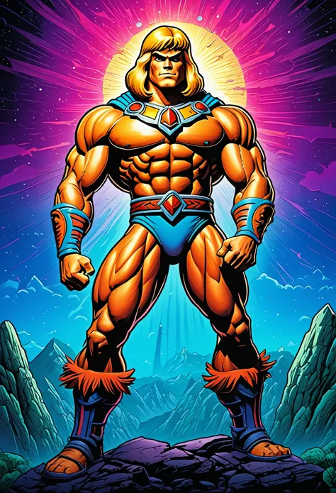 A highly detailed 90s cartoon style character poster of He-Man, photorealistic, intricate linework, bold colors, dynamic pose, dramatic lighting, retro comic book aesthetic, nostalgic 90s cartoon theme, masterpiece, cinematic, hyper detailed, best quality