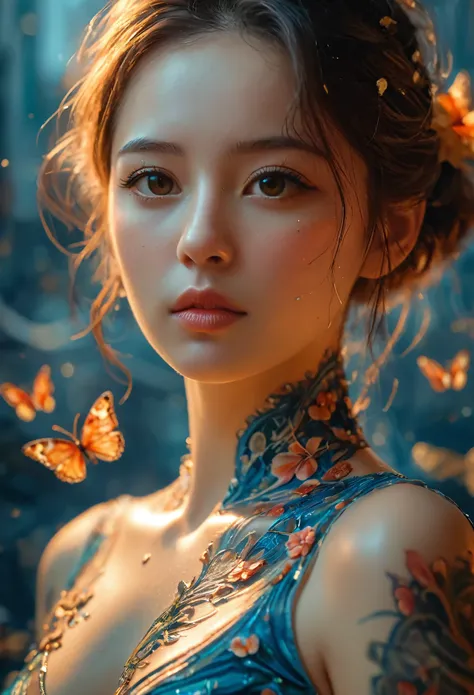 masterpiece, (best quality), ((Best Details)), Depth of Field, a beautiful girl, beautiful脸蛋, nature, , flowering, Colorful scenery, Flowers, Butterfly, Glowing dress, element, futuristic city、Tokyo Yajo、Empty mechanical car、night、Many fight surrounded by ...