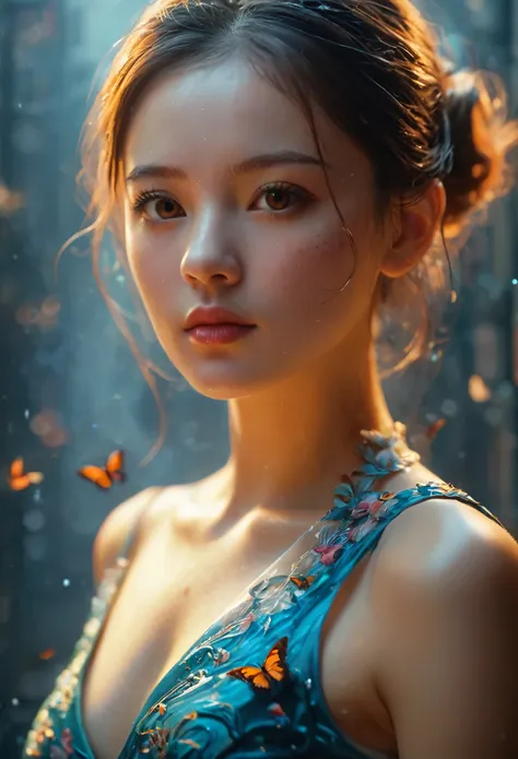 masterpiece, (best quality), ((Best Details)), Depth of Field, a beautiful girl, beautiful脸蛋, nature, , flowering, Colorful scenery, Flowers, Butterfly, Glowing dress, element, futuristic city、Tokyo Yajo、Empty mechanical car、night、Many fight surrounded by ...