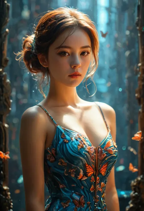 masterpiece, (best quality), ((Best Details)), Depth of Field, a beautiful girl, beautiful脸蛋, nature, , flowering, Colorful scenery, Flowers, Butterfly, Glowing dress, element, futuristic city、Tokyo Yajo、Empty mechanical car、night、Many fight surrounded by ...