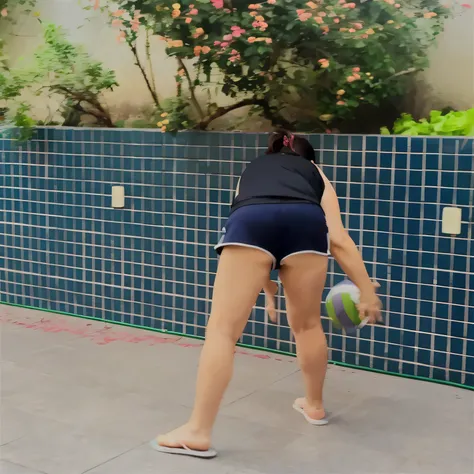 there is a woman in a short skirt playing with a ball, in shorts, backshot, volleyball, squatting down next to a pool, long shot from back, back - shot, playing at swiming pool, medium shot taken from behind, long shot from the back, back shot, uhd candid ...