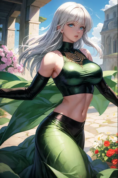 realistic, 1girl, white hair, green eyes, big round breasts, clear white skin, shining eyes, black crop top, dark green skirt, p...