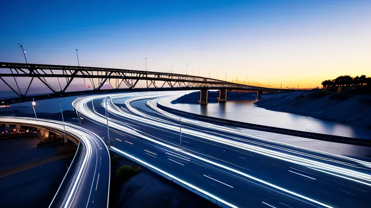 /txt bridge over a wide river, with many light clouds on a bright blue sky, cars driving on the bridge, late evening, voluminous...