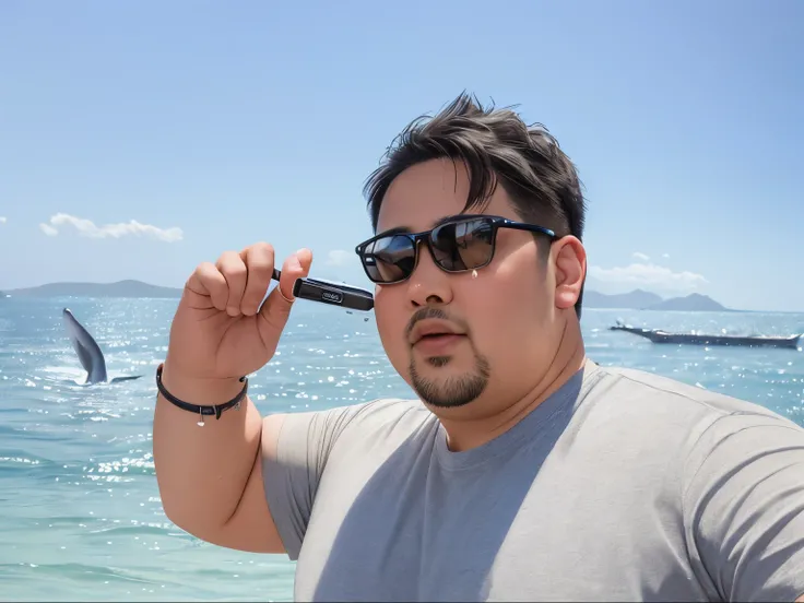 A handsome man, little fat wearing a expensive tshirt in portrait, a big whale jumping in the background, natural photography, highly-detailed photography,  DSLR, Fujifilm XT3, film grain, 64K, UHD, HDR, (masterpiece), intricate details, ((high quality)), ...