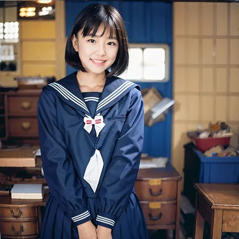 (masterpiece, highest quality:1.2), one girl, alone, sailor suit, dark blue, long sleeve, smile