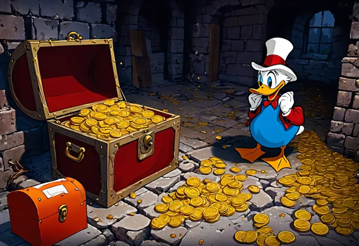 an image in the style of 90s Cartoons, a plot from the cartoon Duck Stories, Scrooge McDuck and Zigzag Mccrack found a large treasure chest in an old abandoned castle