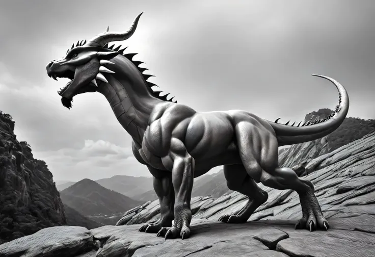 realistic black and white photo, a large and powerful white dragon with extremely smooth and glossy skin stands on a rocky plate...