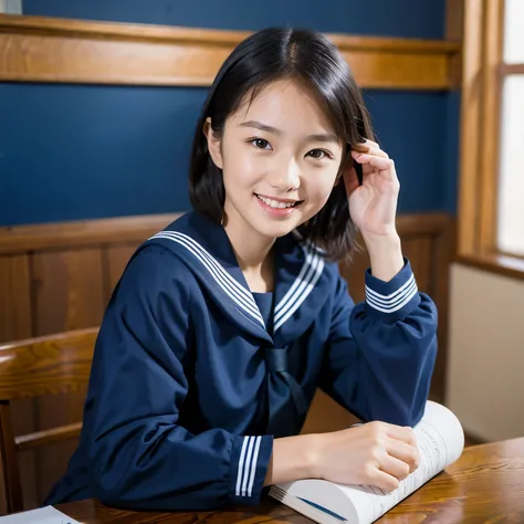 (masterpiece, highest quality:1.2), one girl, alone, sailor suit, dark blue, long sleeve, smile, 12 years old