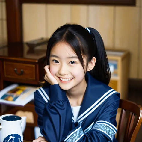 (masterpiece, highest quality:1.2), One girl, alone, Sailor suit, dark blue, Long sleeve, smile, 12 years old